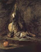 Jean Baptiste Simeon Chardin Rabbit hunting with two powder extinguishers and Orange oil painting on canvas